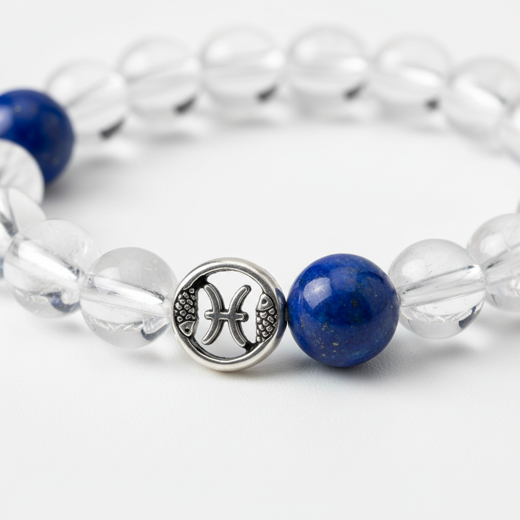 Pisces Bracelet close-up of zodiac crystal beads on white background