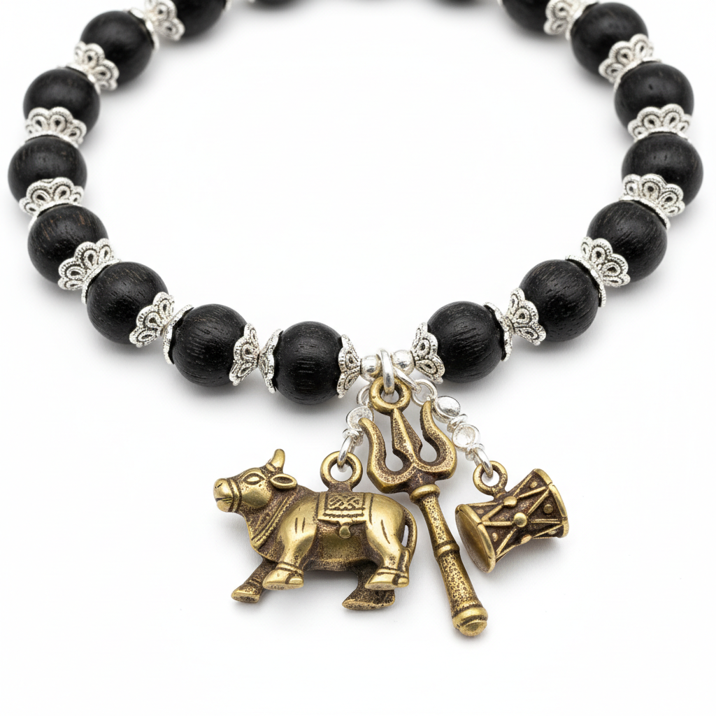 7mm Silver Capped Karungali Mala close-up of silver capped beads and brass Nandi pendant