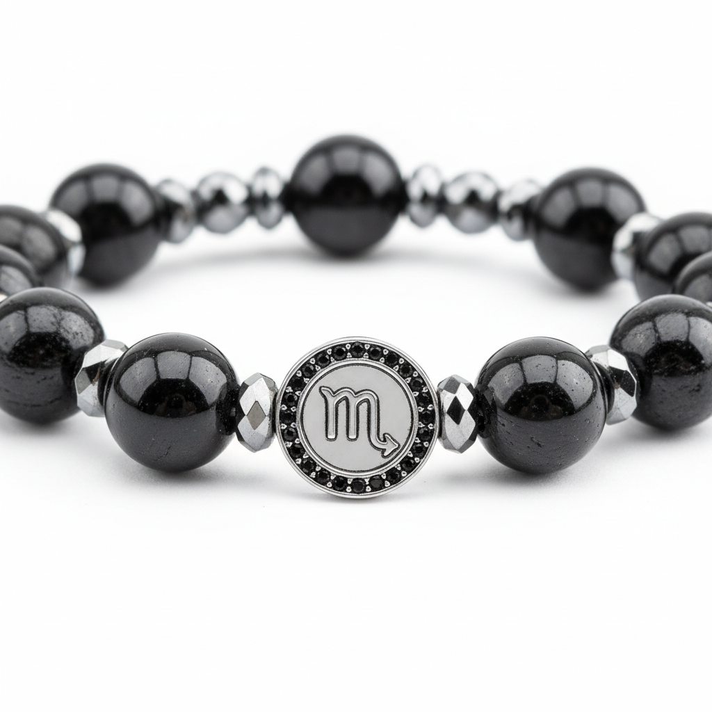 Scorpio Bracelet close-up of zodiac crystal beads on white background