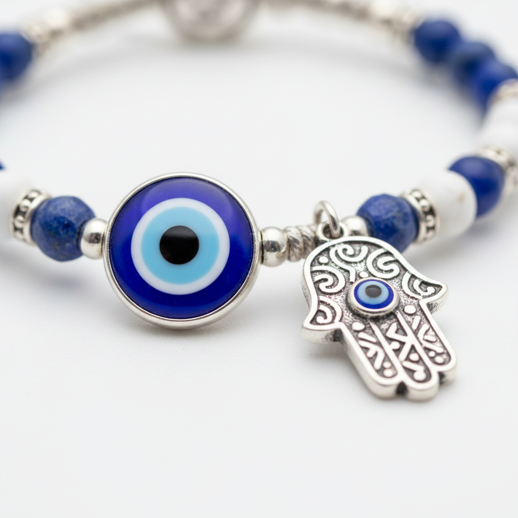 Evil Eye Hamsa Bracelet macro close-up showing detailed evil eye charm and Hamsa hand pendant