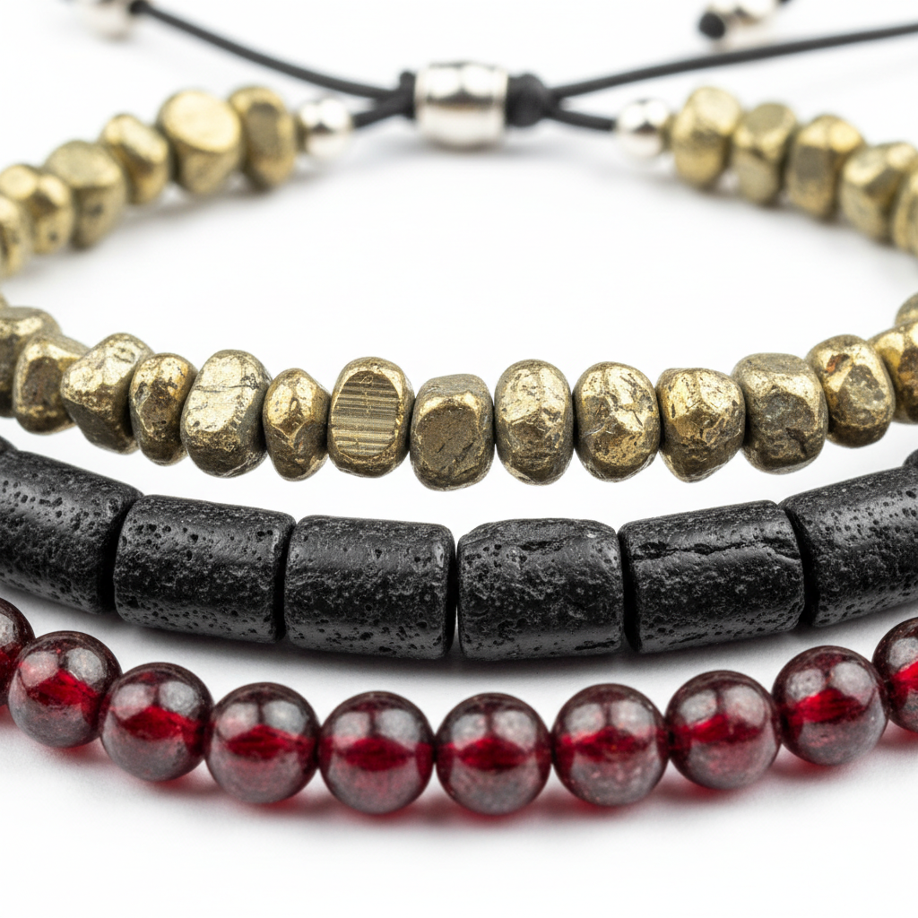 Pyrite Black Tourmaline Garnet Anklet Set close-up of three crystal bead anklets