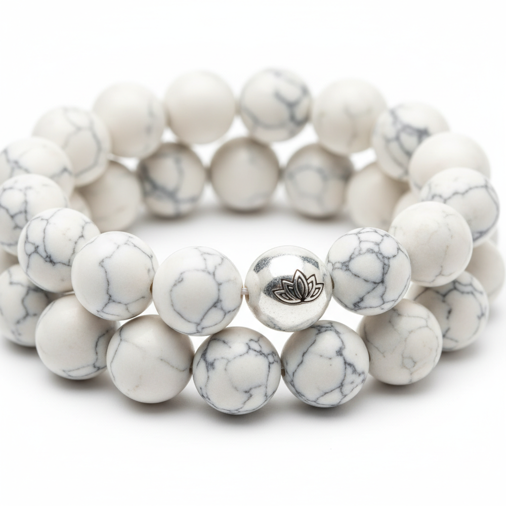 White howlite bracelet macro detail showing soft white colour and subtle grey marble veining of individual beads