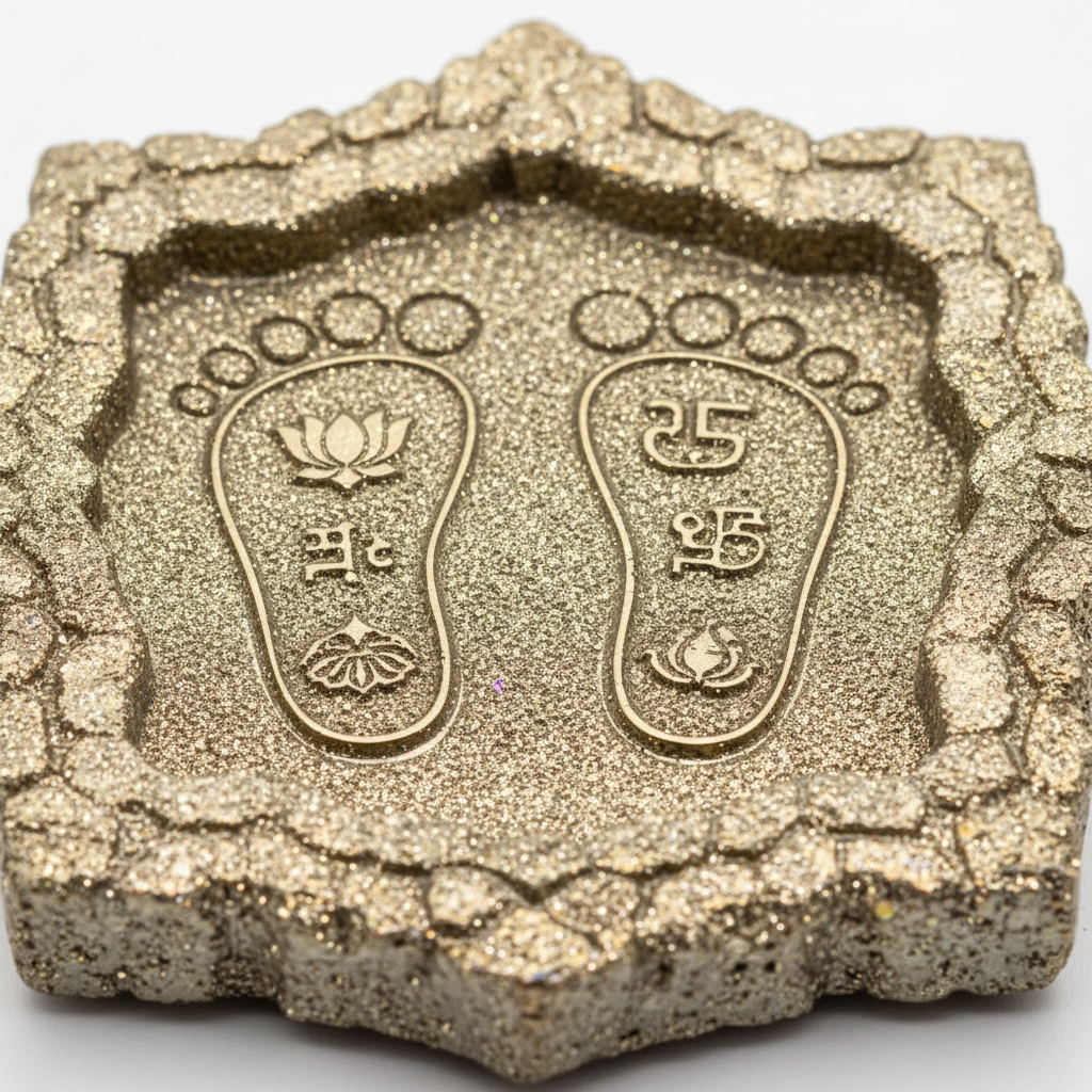Maa Lakshmi Charan Paduka on Pyrite Frame macro close-up of sacred footprint design on white background