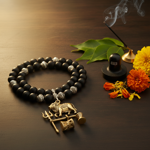 7mm Silver Capped Karungali Mala with Brass Nandi Pendant in a serene Shiva devotional setting