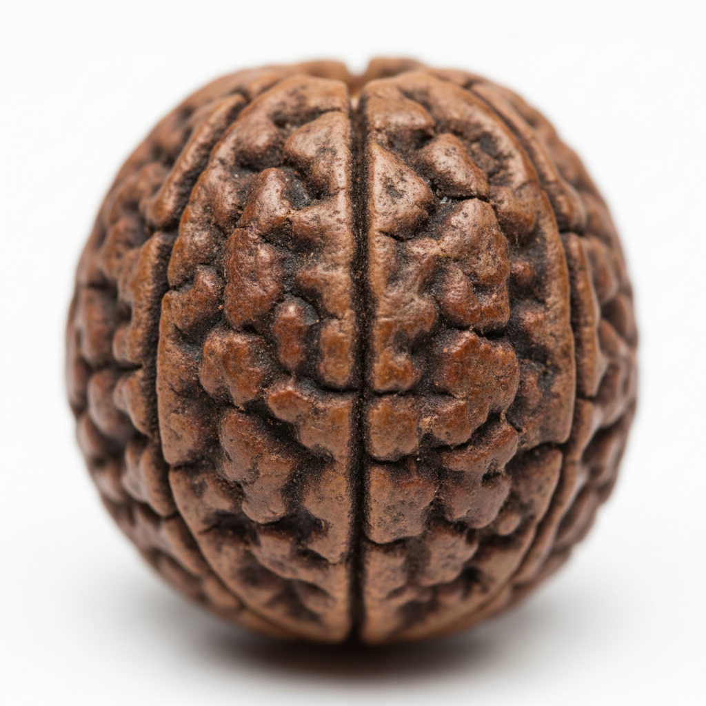 Nepal Origin 4 Mukhi Rudraksha bead macro detail showing 4 mukhi face lines and natural grain texture
