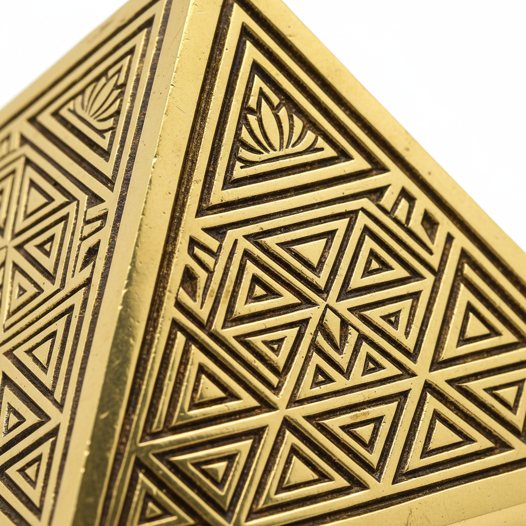 Siddh Lakshmi Yantra Pyramid macro close-up of sacred geometry engraving on white background