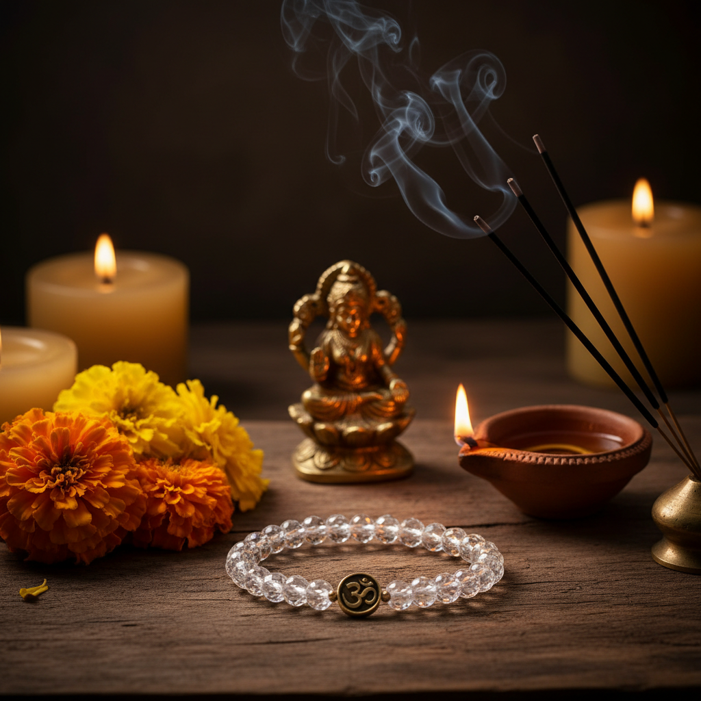 Wealth OM Bracelet with sacred OM bead in a spiritual Indian setting with diya, marigold flowers and Lakshmi figurine