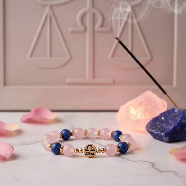 Libra Bracelet zodiac crystals with soft pink golden tones in a serene spiritual setting
