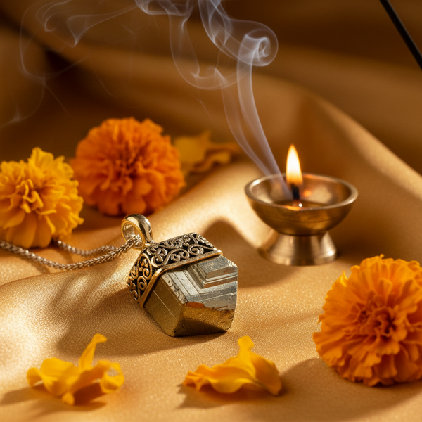 Pyrite Pendant with Metal Capping on golden silk cloth in a serene spiritual setting