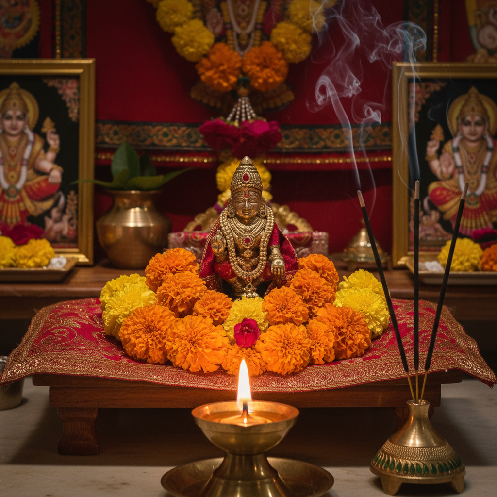 3-inch Tirupati Balaji Lord Venkateswara murti in a spiritual Indian setting with diya, flowers and incense