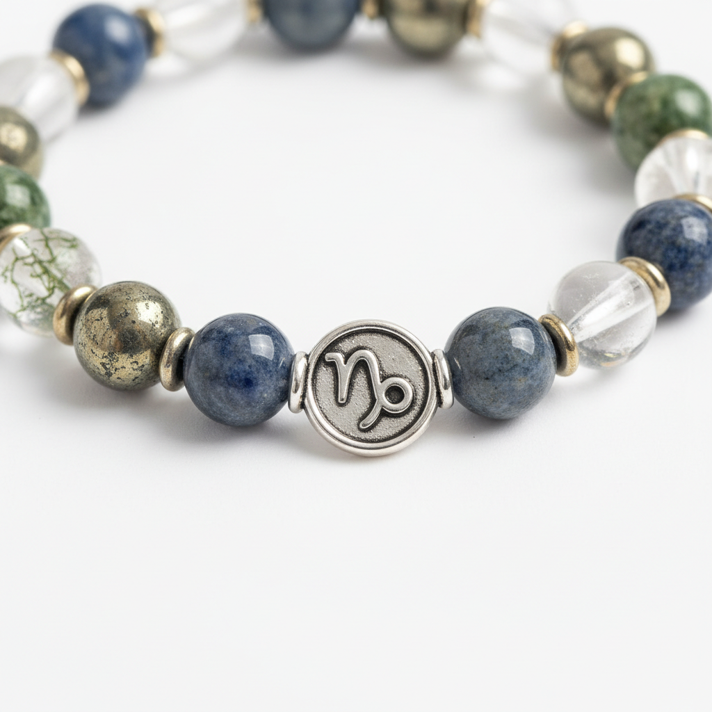 Dhan Yog Capricorn Bracelet close-up of zodiac wealth crystal beads on white background