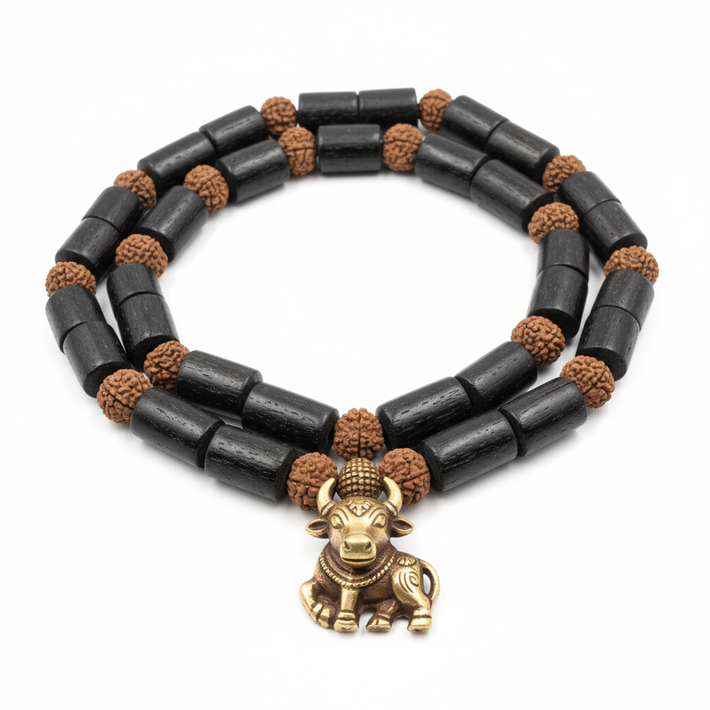 Shiv Raksha Karungali Rudraksha Mala with Nandi Pendant full product shot on white background