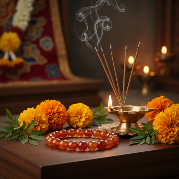 Carnelian Bracelet with orange carnelian beads in a spiritual Indian setting with diya, flowers and incense