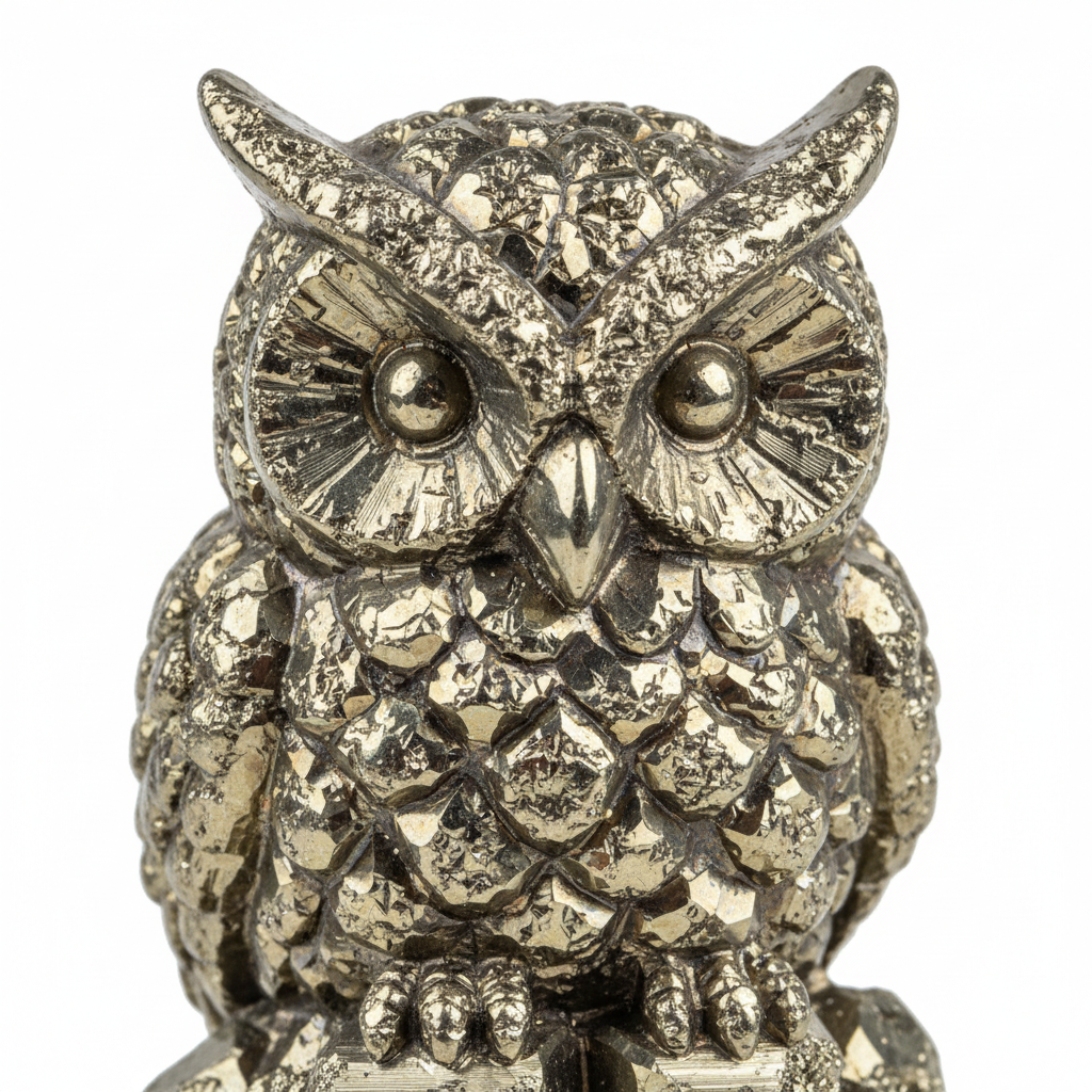 Pyrite owl macro detail showing glittering golden metallic crystal surface and intricate owl facial features
