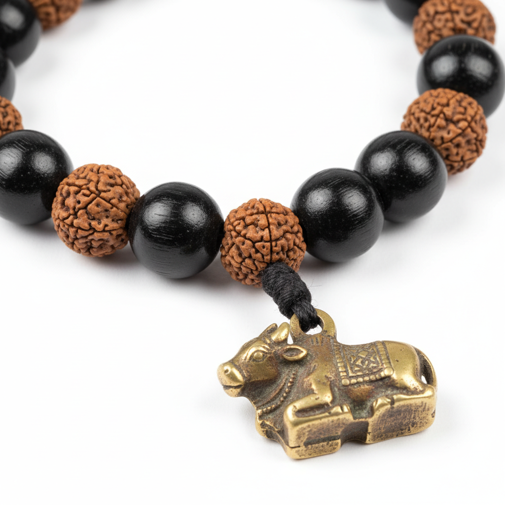 Shiv Raksha Karungali Rudraksha Mala close-up of karungali and rudraksha beads with Nandi pendant