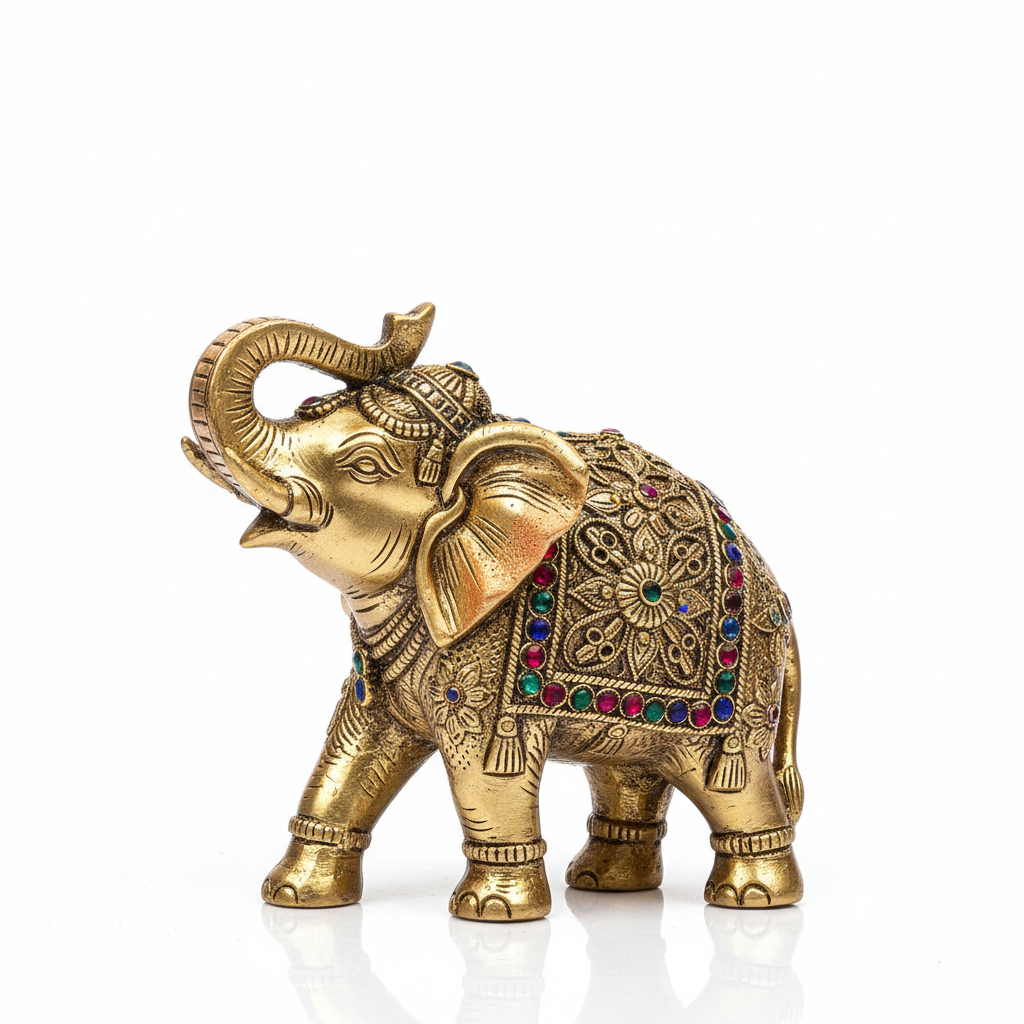 2.75 inch elephant trunk up murti full shot on white background showing raised trunk and fine decorative details