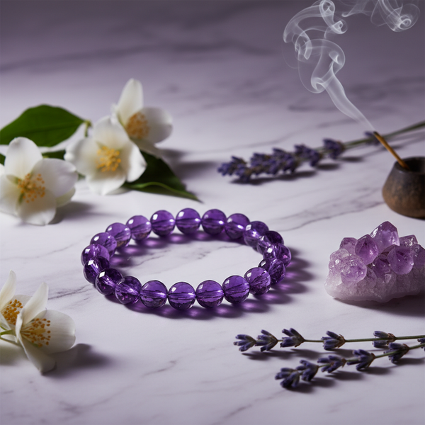 Amethyst Bracelet violet crystal beads with jasmine and lavender in a serene spiritual setting