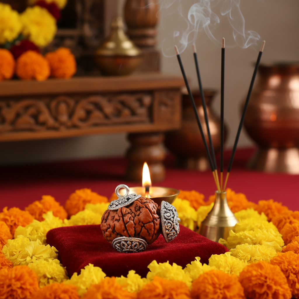 Nepal Origin 6 Mukhi Rudraksha with silver capping in a spiritual Indian setting with diya, flowers and incense