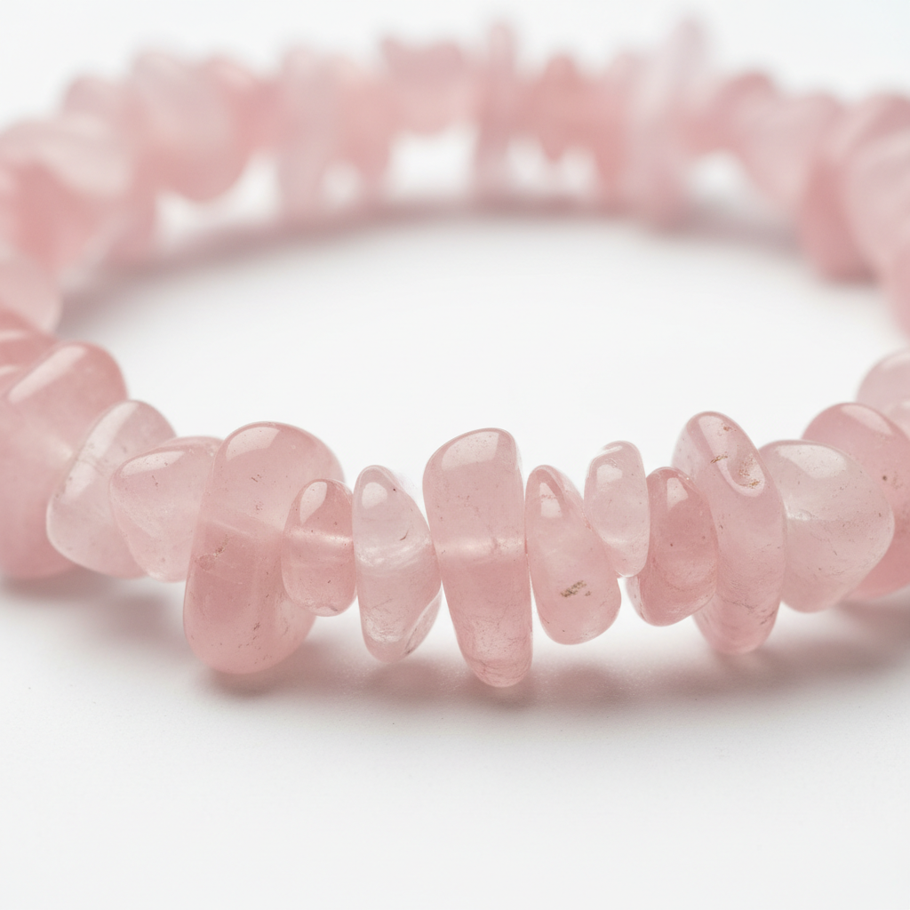 Rose Quartz Chips Bracelet close-up of soft pink chip beads on white background