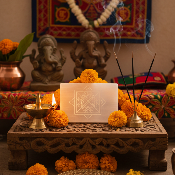 Shree Yantra Selenite Plate in a spiritual Indian setting with diya, flowers and incense