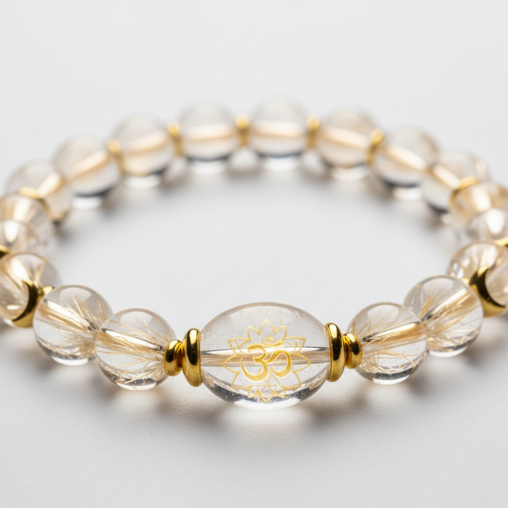 Energised Dhan Yog Bracelet Purnima close-up of glowing crystal beads on white background