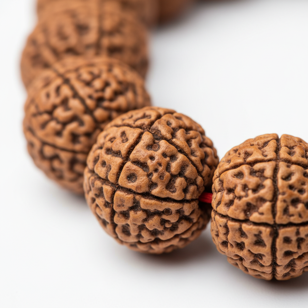 7 Mukhi Rudraksha bead macro close-up showing natural seven-faced texture and surface detail