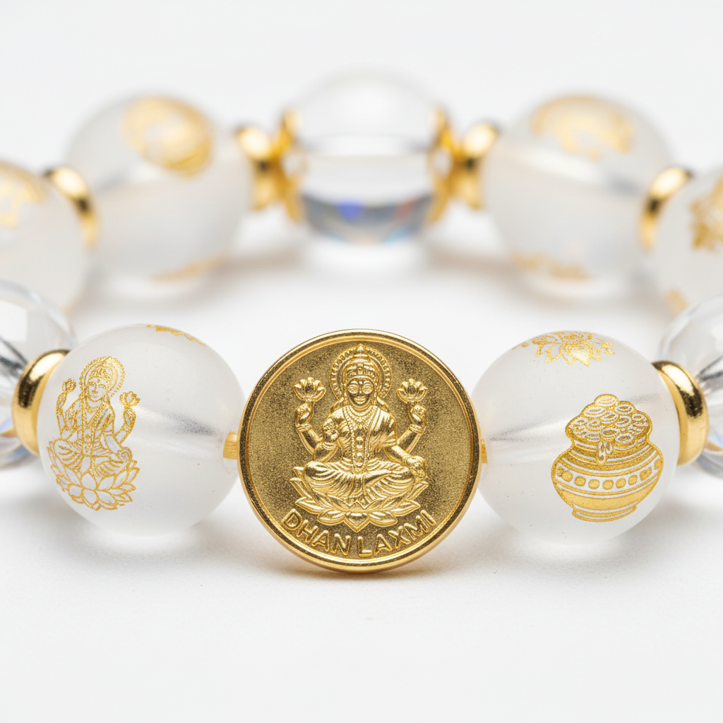 Dhan Laxmi Bracelet close-up of crystal beads on white background