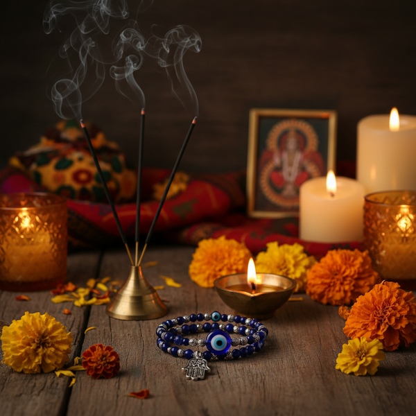 Evil Eye Hamsa Bracelet in a spiritual Indian setting with diya, marigold flowers and incense