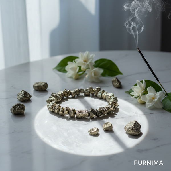 Energised Raw Pyrite Bracelet charged under full moon Purnima with moonlight glow
