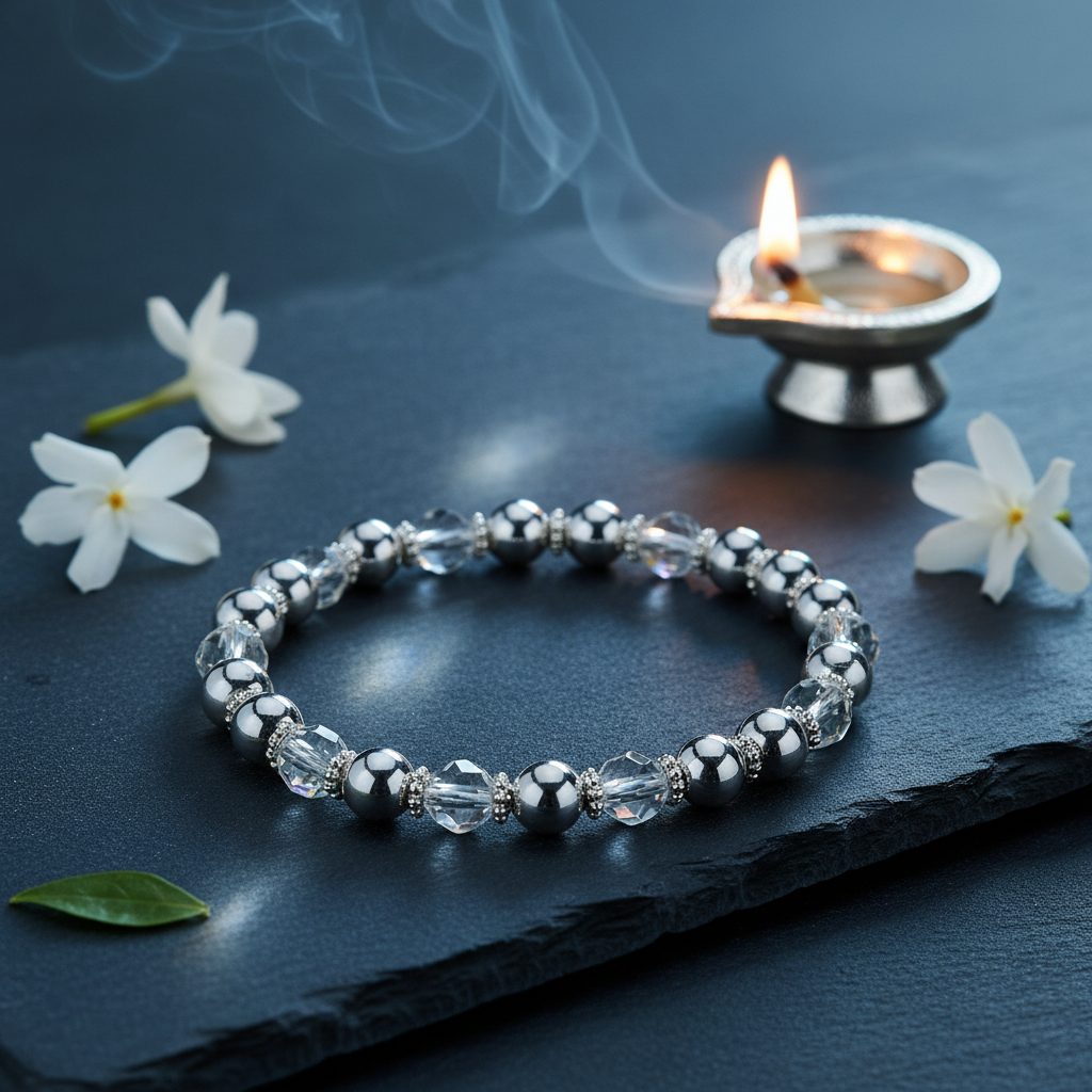 Metal Dhan Yog Bracelet Silver with cool moonlight tones in a serene spiritual setting