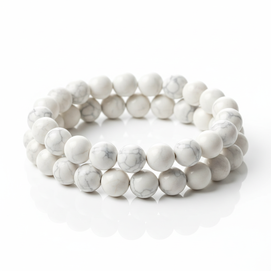White howlite bracelet full shot on white background showing soft white beads with subtle grey veining
