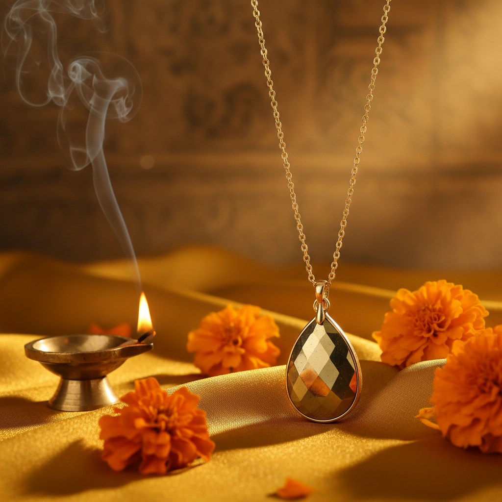 Pyrite Drop Pendant golden teardrop on golden silk cloth in a serene spiritual setting