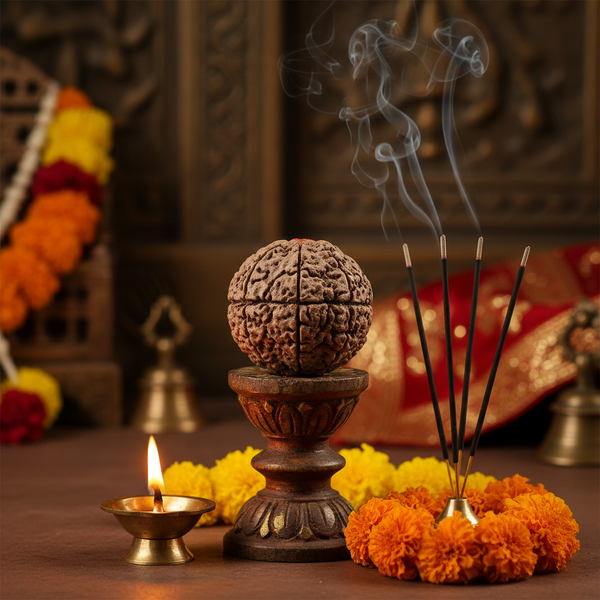 Nepal Origin 13 Mukhi Rudraksha bead in a spiritual Indian setting with diya, flowers and incense