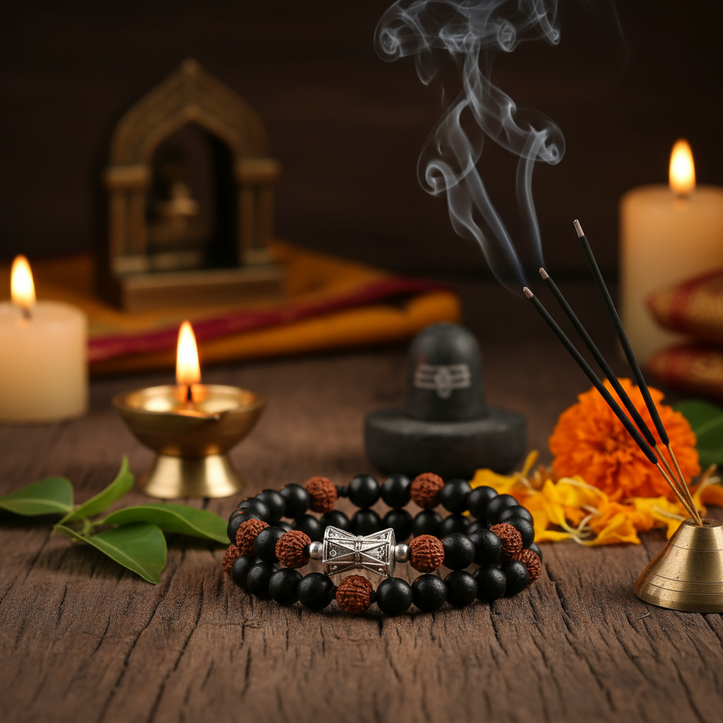 Karungali Rudraksha Damru Bracelet in a spiritual Indian setting with diya, bilva leaves, marigold flowers and Shiva lingam