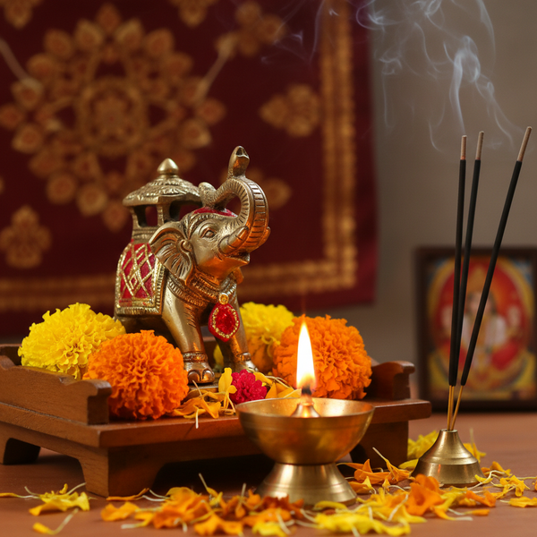 2.75 inch elephant trunk up murti in a spiritual Indian setting with diya, flowers and incense