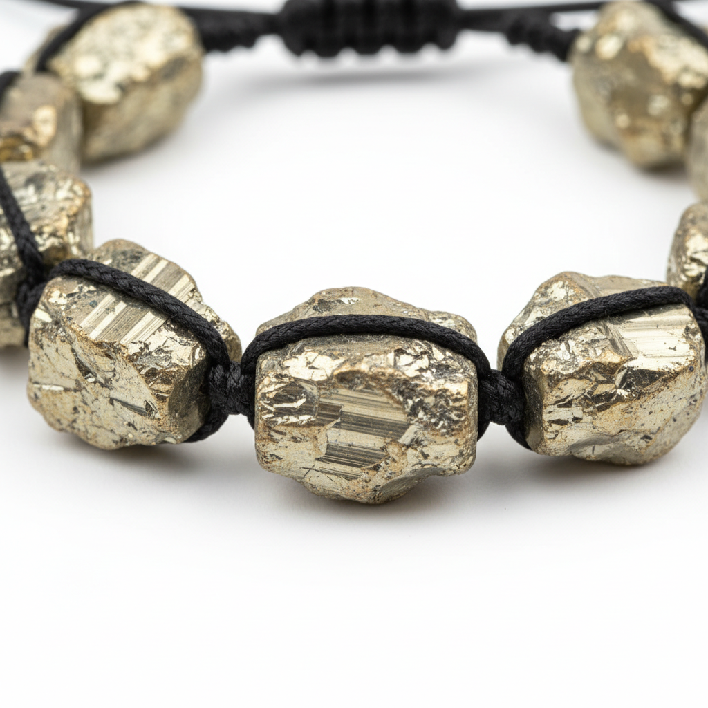 Super Raw Pyrite Bracelet close-up of raw pyrite metallic texture on white background