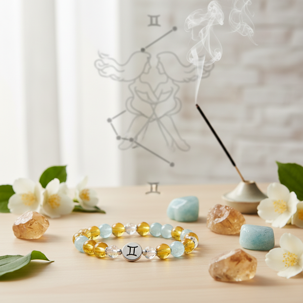 Gemini Bracelet zodiac crystals with bright airy yellow blue tones in a serene spiritual setting
