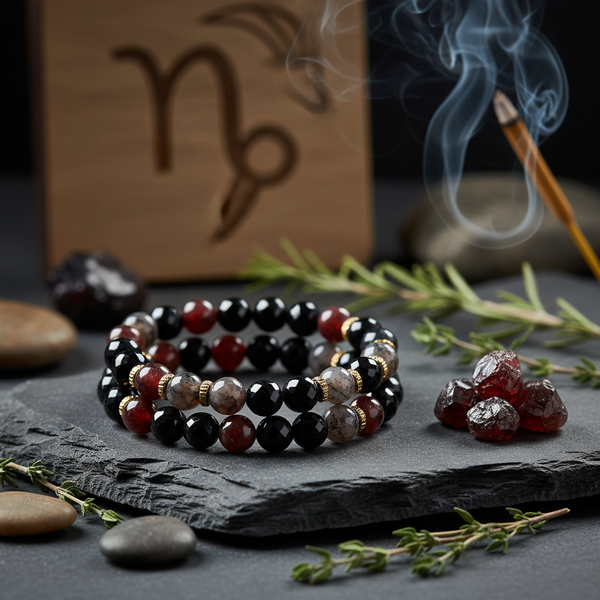 Capricorn Bracelet zodiac crystals with earthy grey golden tones in a serene spiritual setting
