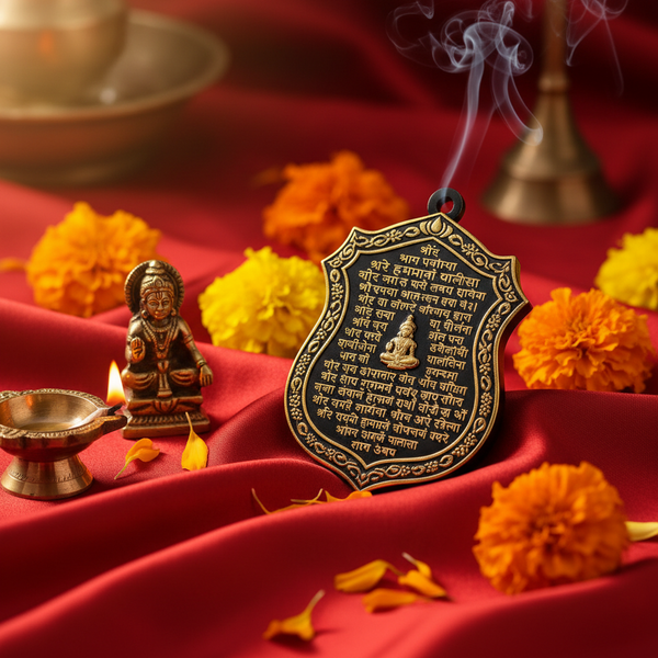 Shree Hanuman Chalisa Kavach Black on red silk cloth in a serene Hanuman devotional setting
