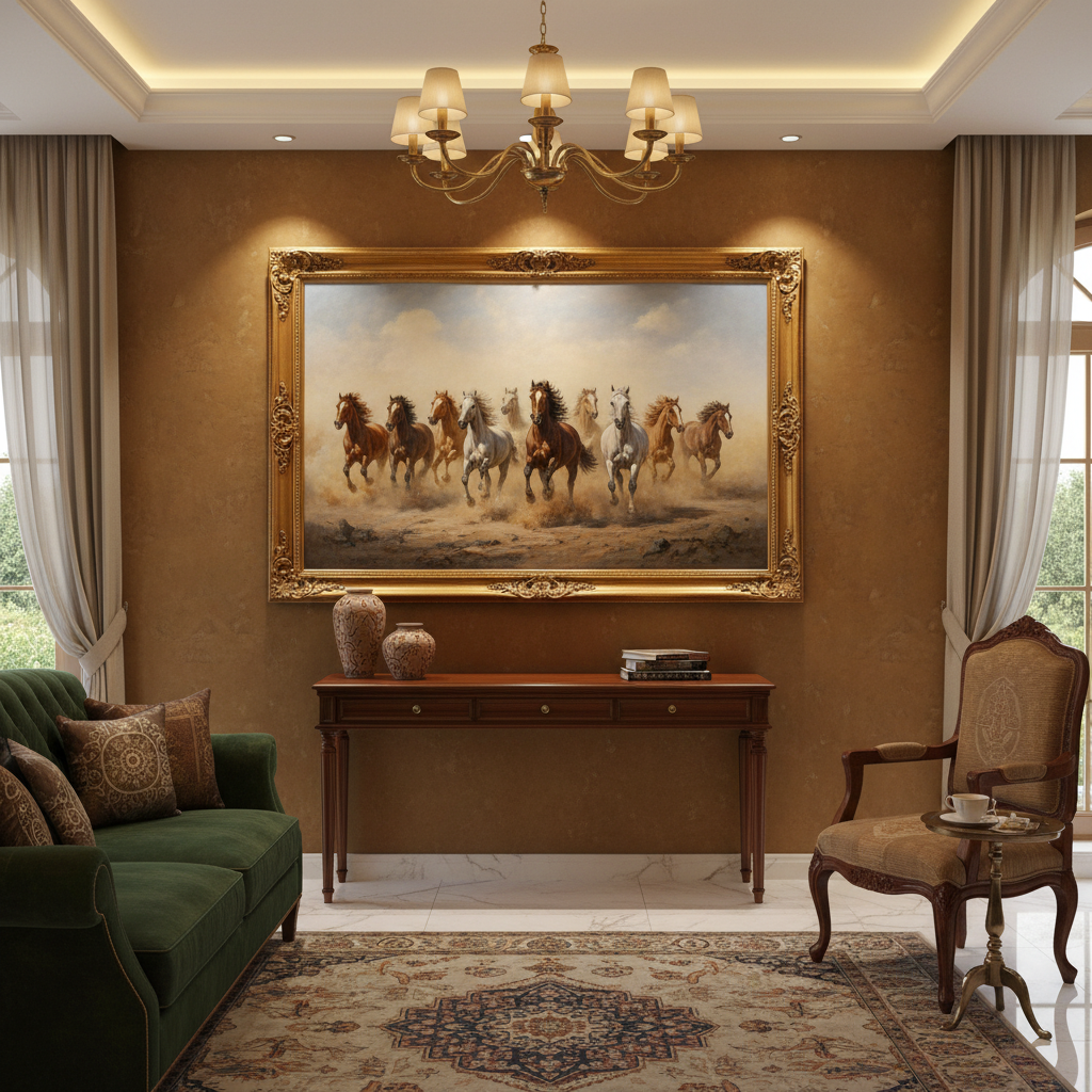 Big 7 Horses Frame displayed on a wall in a premium Indian home interior with warm ambient lighting