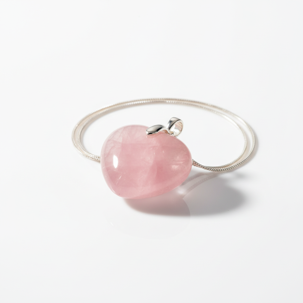 Rose Quartz Heart Pendant full product shot on white background showing soft pink translucent heart stone