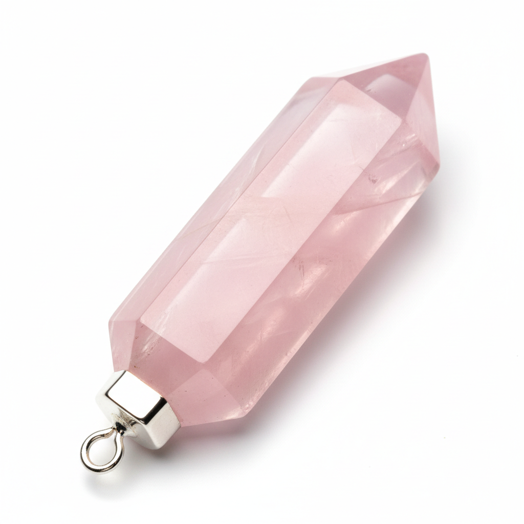 Rose quartz pencil pendant macro detail showing faceted surface and soft pink translucency of the crystal point