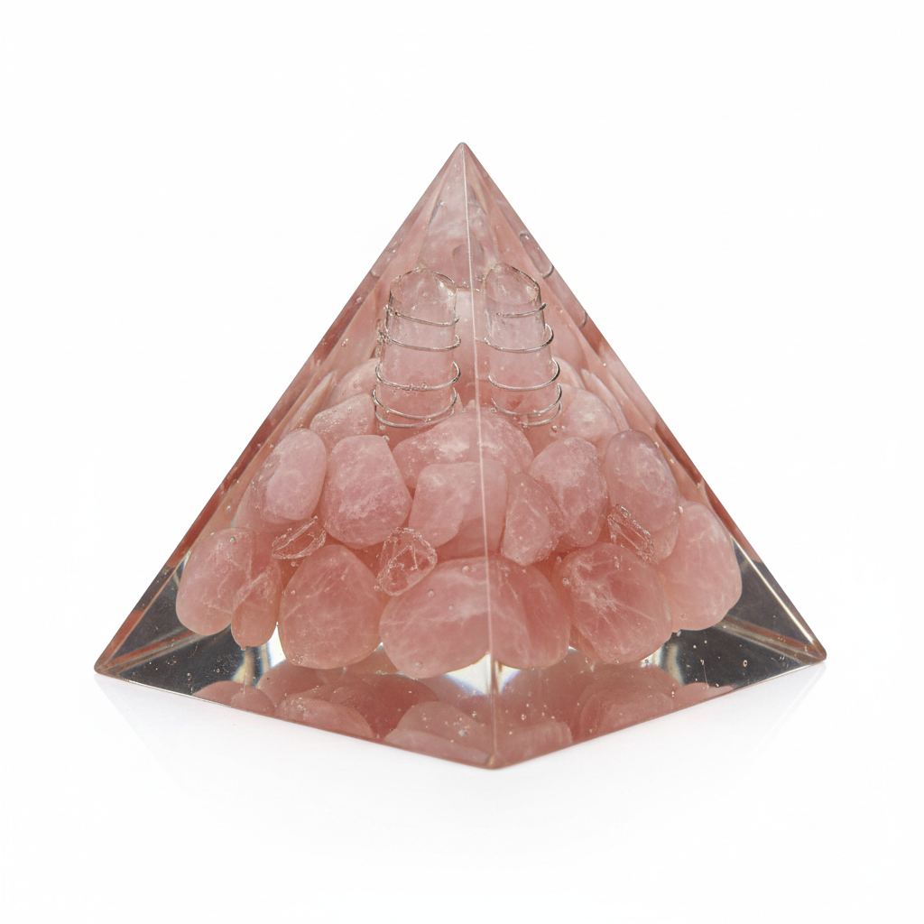 Rose Quartz Resin Pyramid full product shot on white background showing pink rose quartz crystals