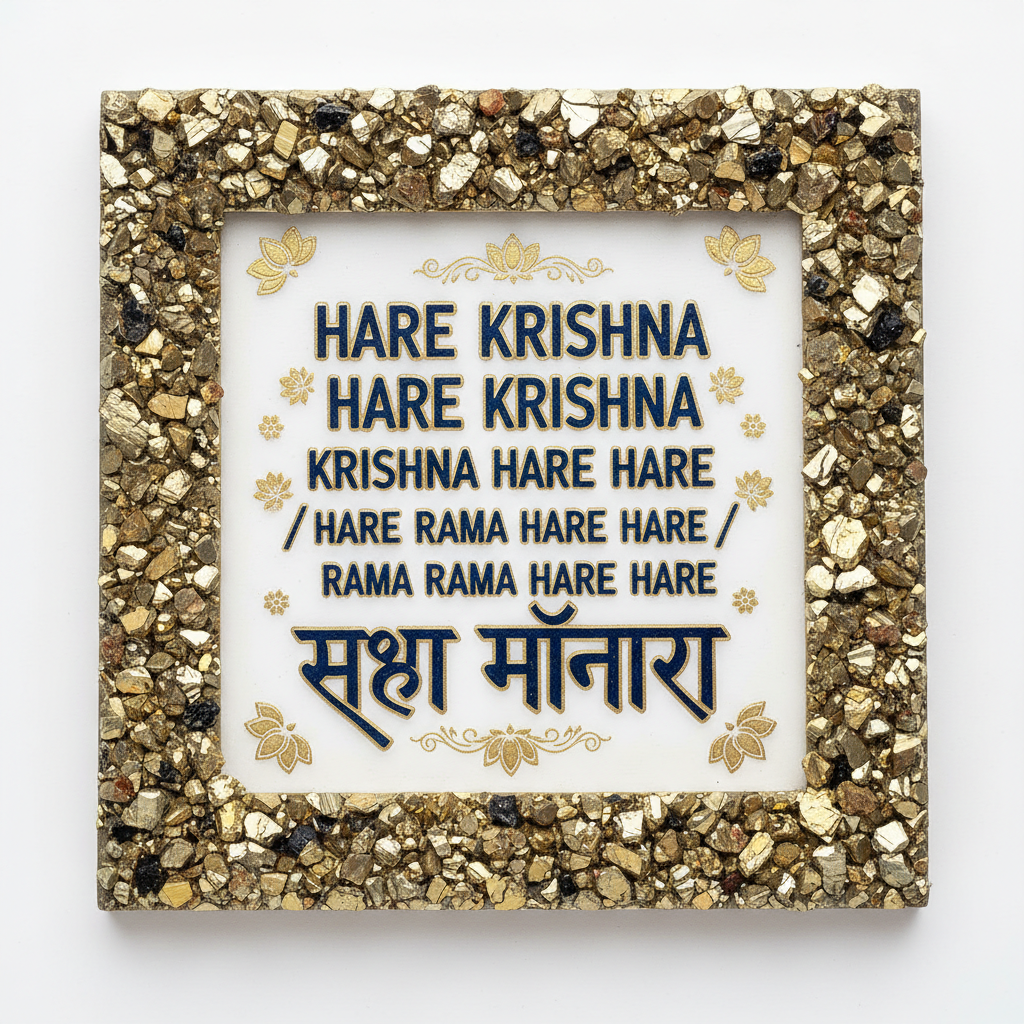Shree Krishna Maha Mantra on Pyrite Frame macro close-up showing golden pyrite frame texture and sacred mantra text