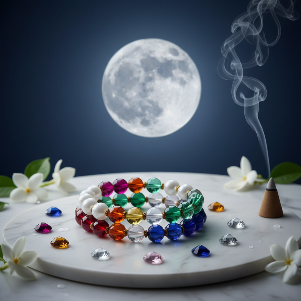 Energised Navgrah Shanti Bracelet with nine planet beads charged under full moon Purnima
