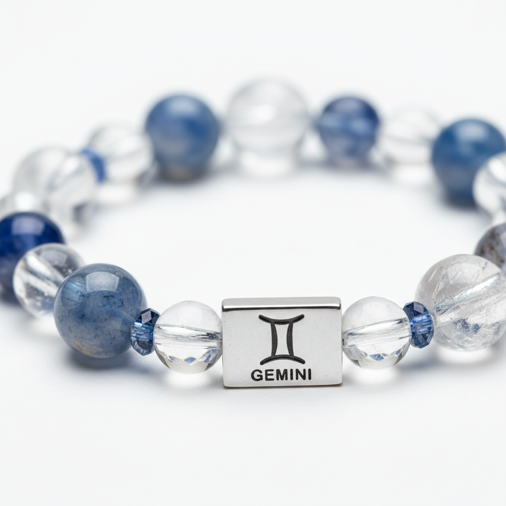 Gemini Bracelet close-up of zodiac crystal beads on white background