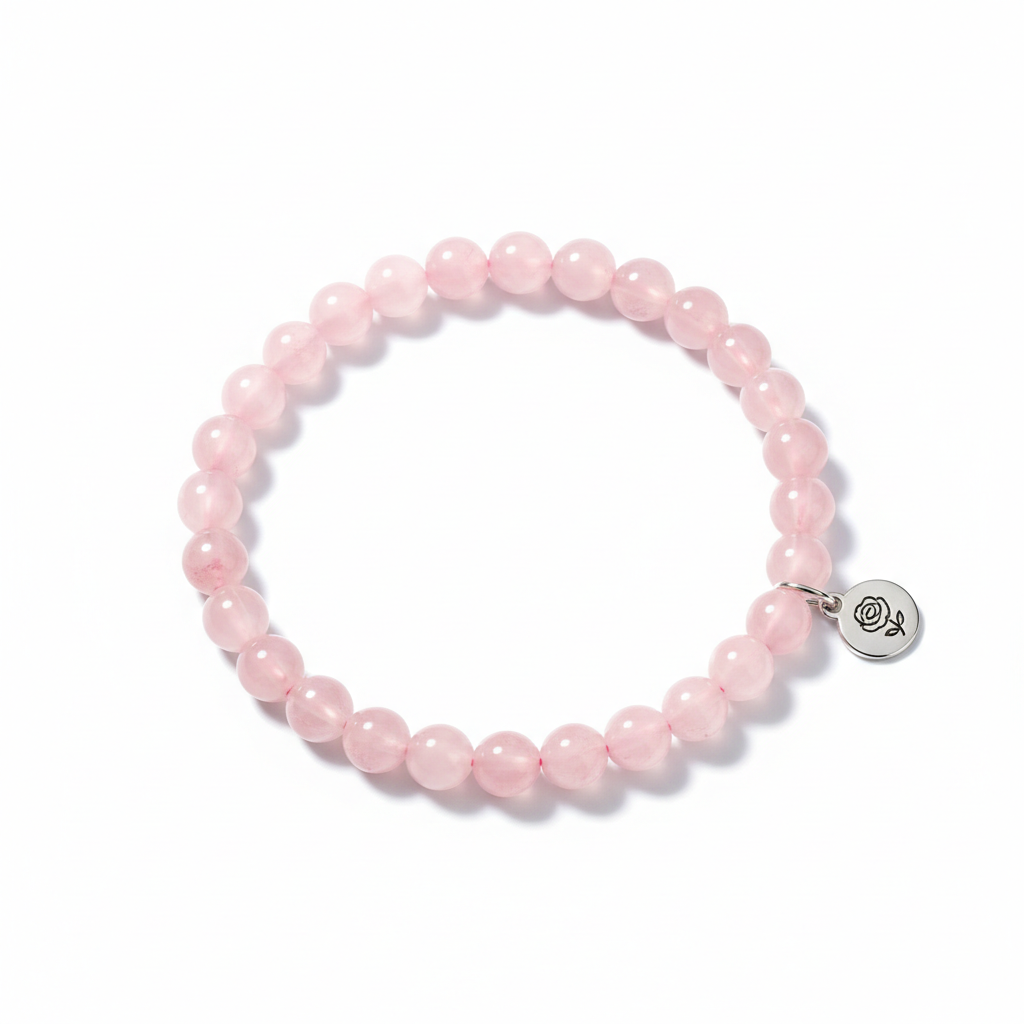 Rose Quartz Bracelet for Women 6mm full product shot on white background showing delicate soft pink beads