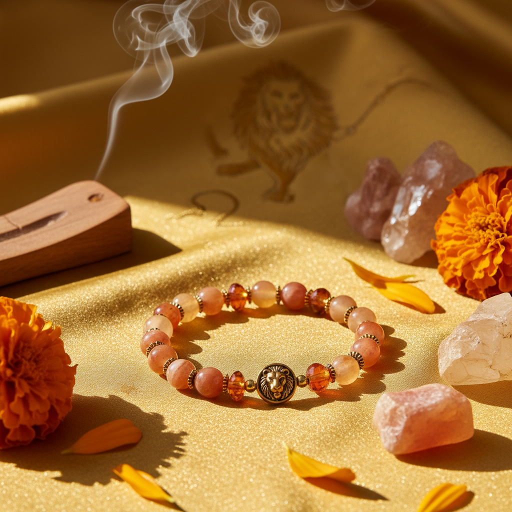 Leo Bracelet zodiac crystals with warm golden sunny tones in a serene spiritual setting
