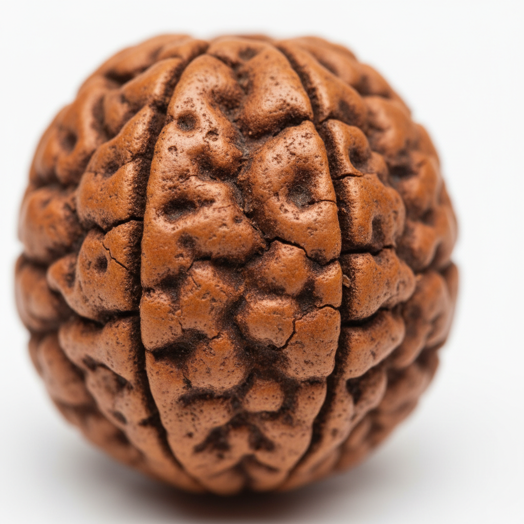 Nepal Origin 13 Mukhi Rudraksha macro close-up of 13 mukhi face lines and natural surface texture on white background