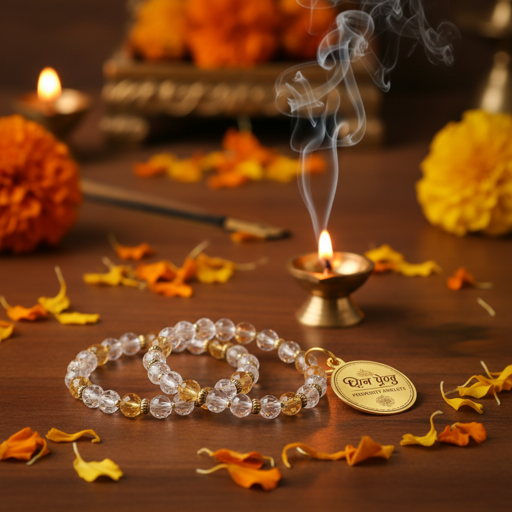 Matching pair of Dhan Yog prosperity anklets in a serene spiritual setting